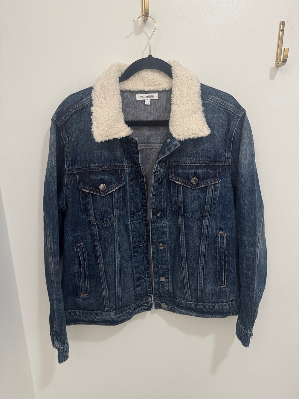 Good American Faux Sherpa Collar Dark Blue Denim Jacket